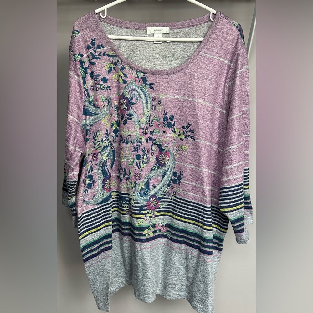 CJ BANKS size 2X, lavender with stripes & paisley print 3/4 length sleeved top.